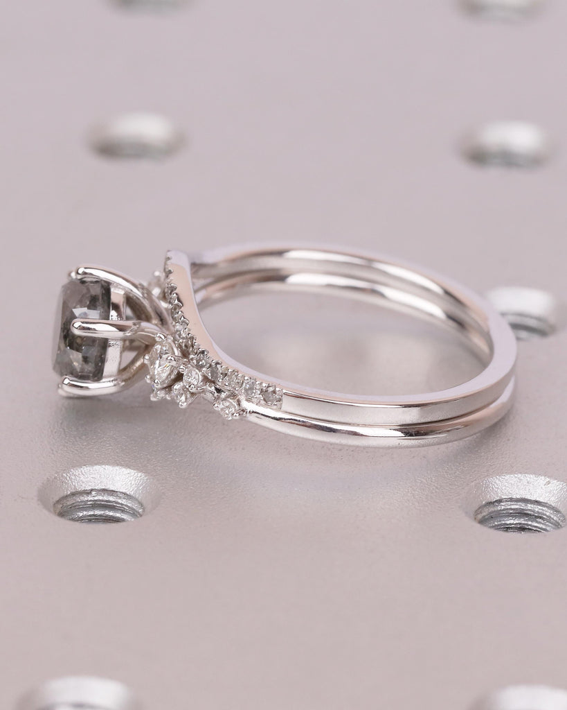 Vintage Engagement Ring, Salt and Pepper Diamond Snowdrift Moissanite Bridal Ring Set image #11