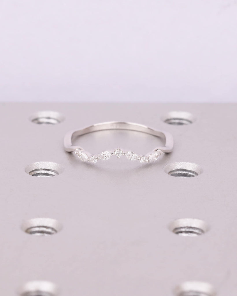 Vintage Diamond or Moissanite Curved Wedding Band in 14K Solid Gold, Marquise and Round cut Cluster Ring, Dainty Matching Ring for Women