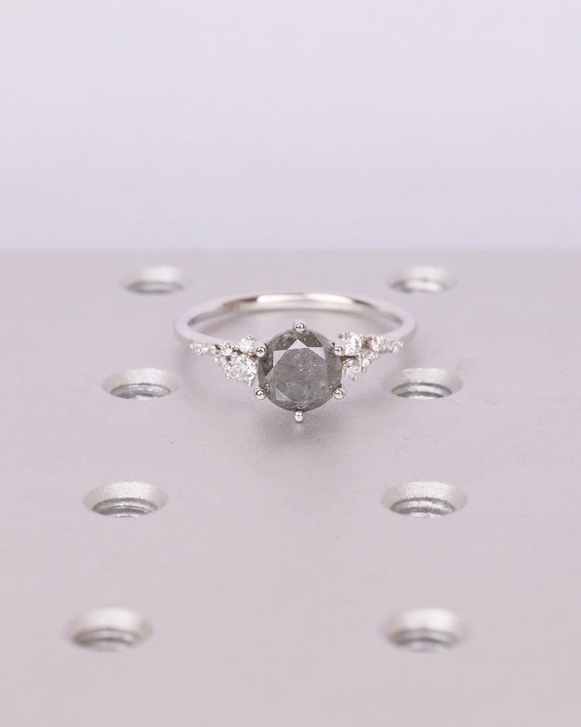 Vintage Engagement Ring, Salt and Pepper Diamond Snowdrift Moissanite Bridal Ring Set image #17