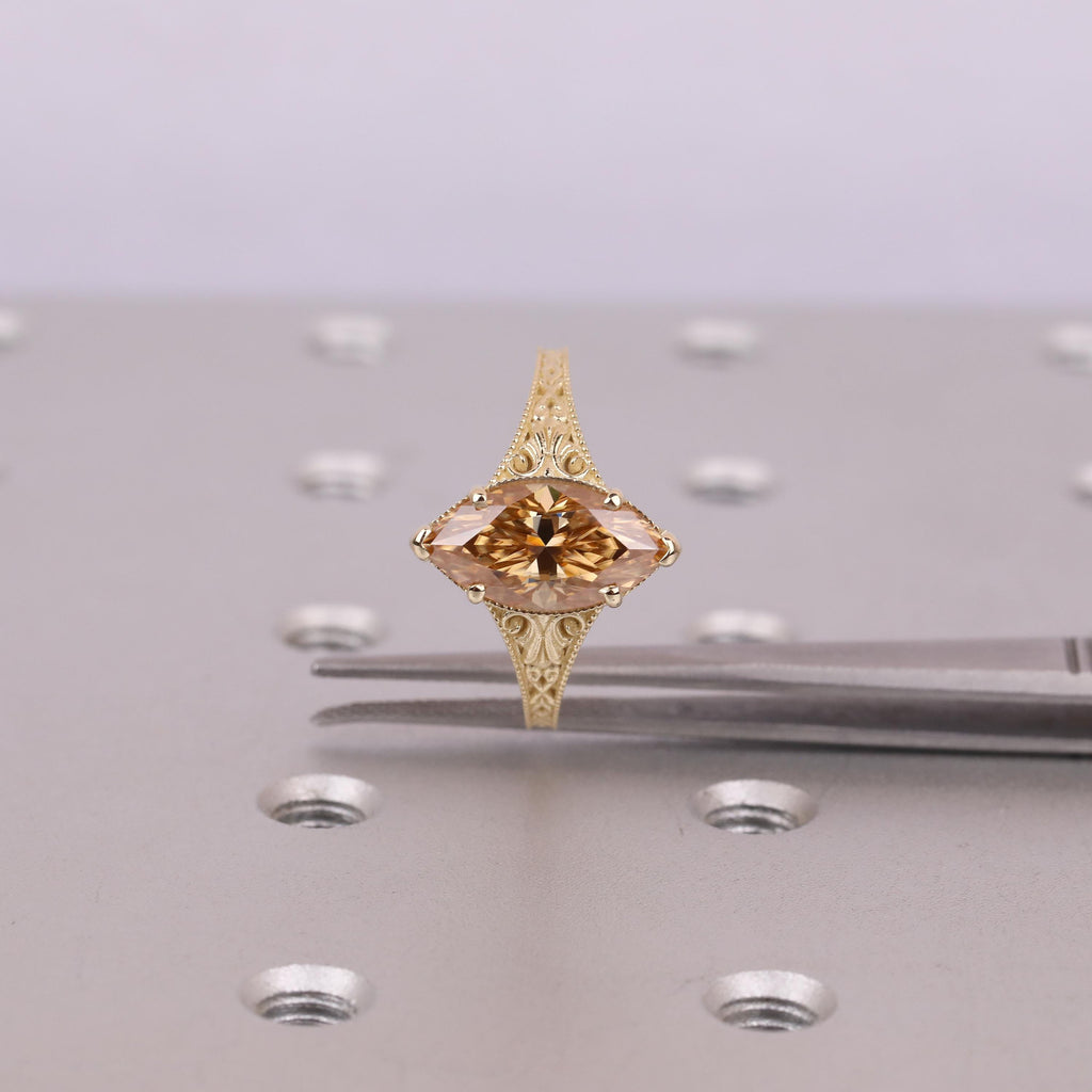 Brownish Diamond Vintage Engagement Ring | Marquise Solitaire Women Gold Rings | Lab Grown Diamond Promise Ring Anniversary Gift image #13
