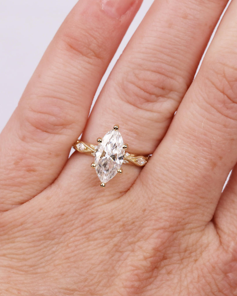 14k Gold Vintage Marquise Engagement Ring, Engraved Lattice Pattern Milgrain Ring, IGI Certified Lab Grown Diamond Ring, Unique Promise Ring image #2