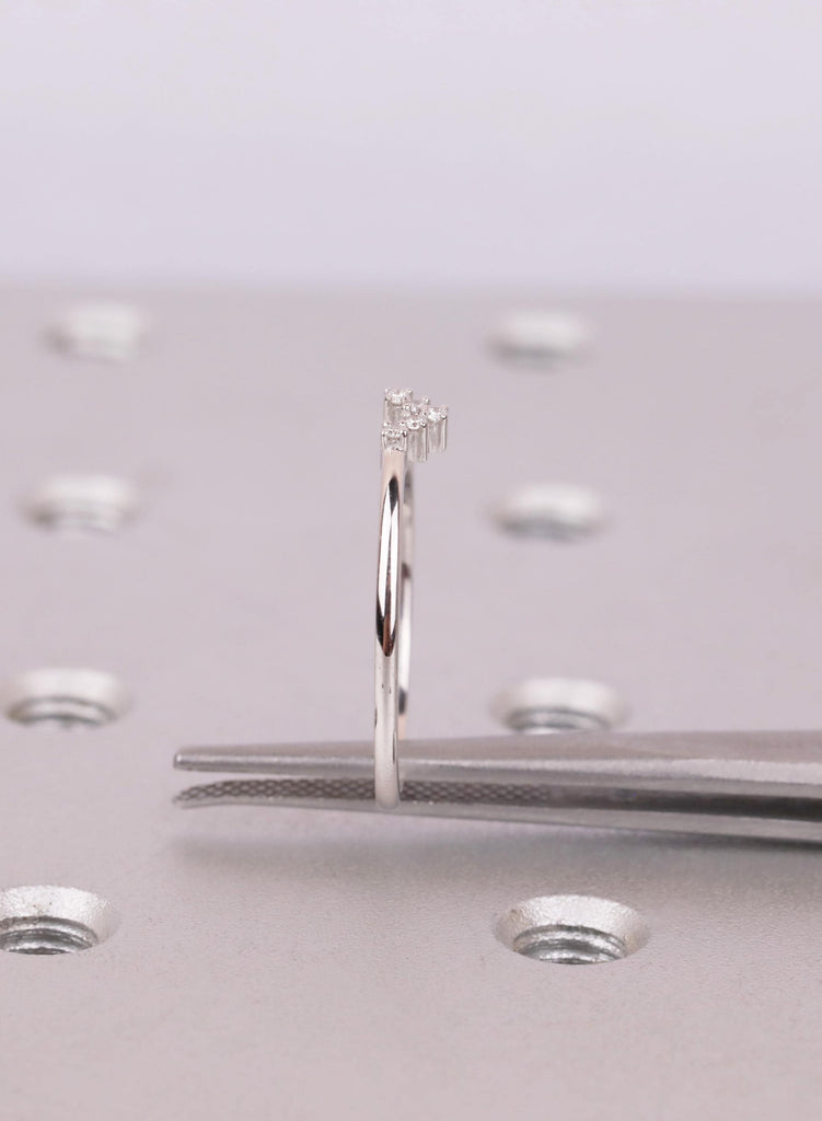 Dainty Curved Diamond Wedding Band, 14K White Gold Chevron Stacking Ring image #11