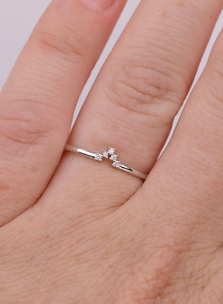 Dainty Curved Diamond Wedding Band, 14K White Gold Chevron Stacking Ring