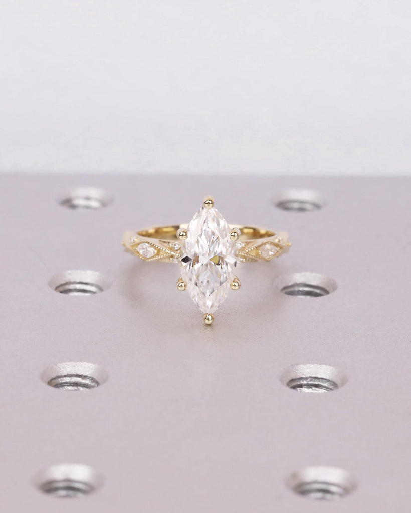 1.5CT Lab Grown Diamond Vintage Engagement Ring, IGI Certified Marquise Diamond Milgrain Wedding Ring, 14K Gold, Unique Promise Ring for Her image #3
