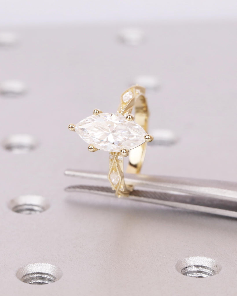 1.5CT Lab Grown Diamond Vintage Engagement Ring, IGI Certified Marquise Diamond Milgrain Wedding Ring, 14K Gold, Unique Promise Ring for Her image #5