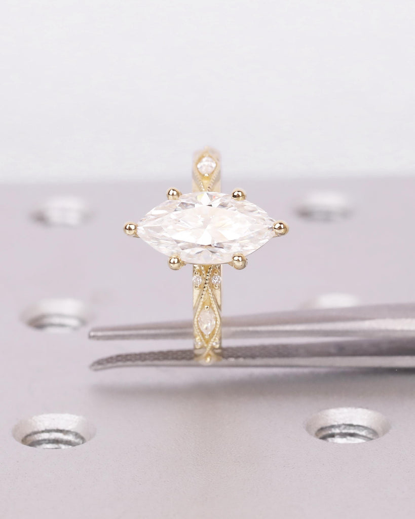 14k Gold Vintage Marquise Engagement Ring, Engraved Lattice Pattern Milgrain Ring, IGI Certified Lab Grown Diamond Ring, Unique Promise Ring image #5