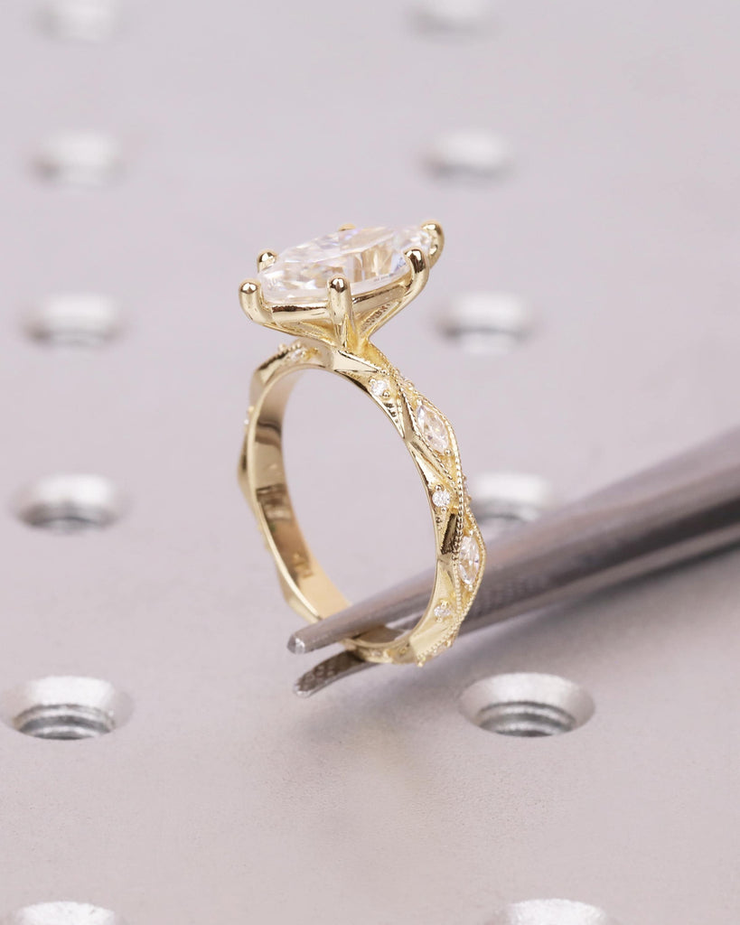 14k Gold Vintage Marquise Engagement Ring, Engraved Lattice Pattern Milgrain Ring, IGI Certified Lab Grown Diamond Ring, Unique Promise Ring image #7