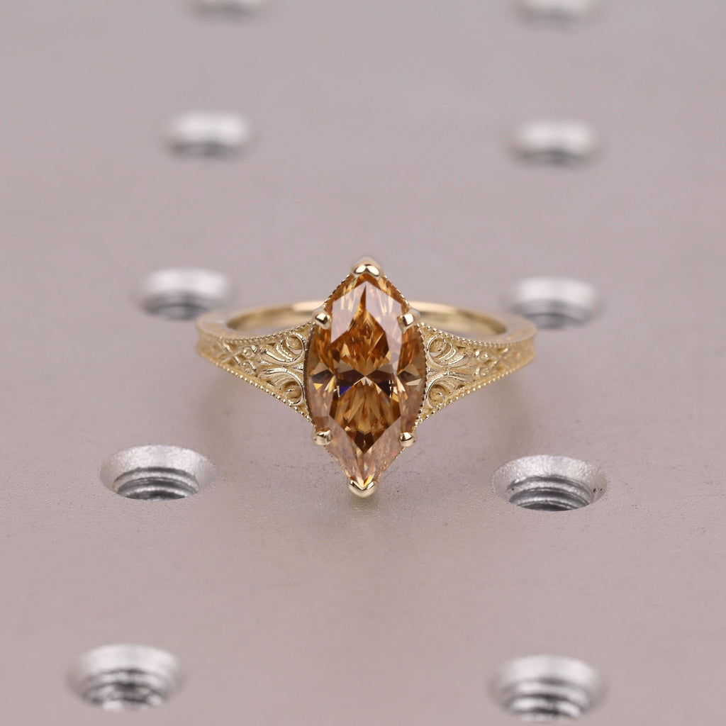 Brownish Diamond Vintage Engagement Ring | Marquise Solitaire Women Gold Rings | Lab Grown Diamond Promise Ring Anniversary Gift