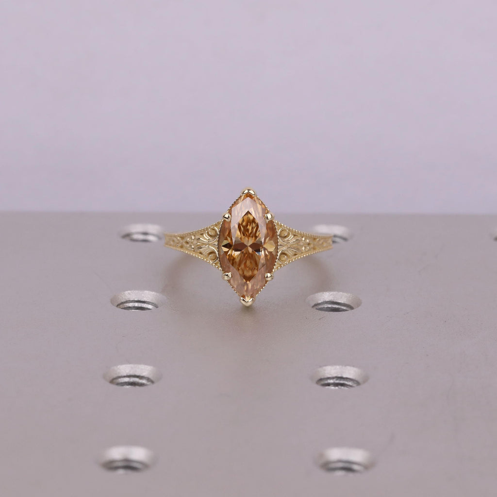 2.5ct Brown Diamond Women Gold Rings | Marquise Lab Created Diamond Vintage Wedding Rings | Unique Anniversary Gift For Her image #8