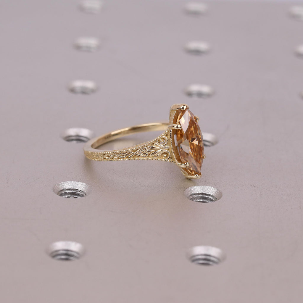 2.5ct Brown Diamond Women Gold Rings | Marquise Lab Created Diamond Vintage Wedding Rings | Unique Anniversary Gift For Her image #10