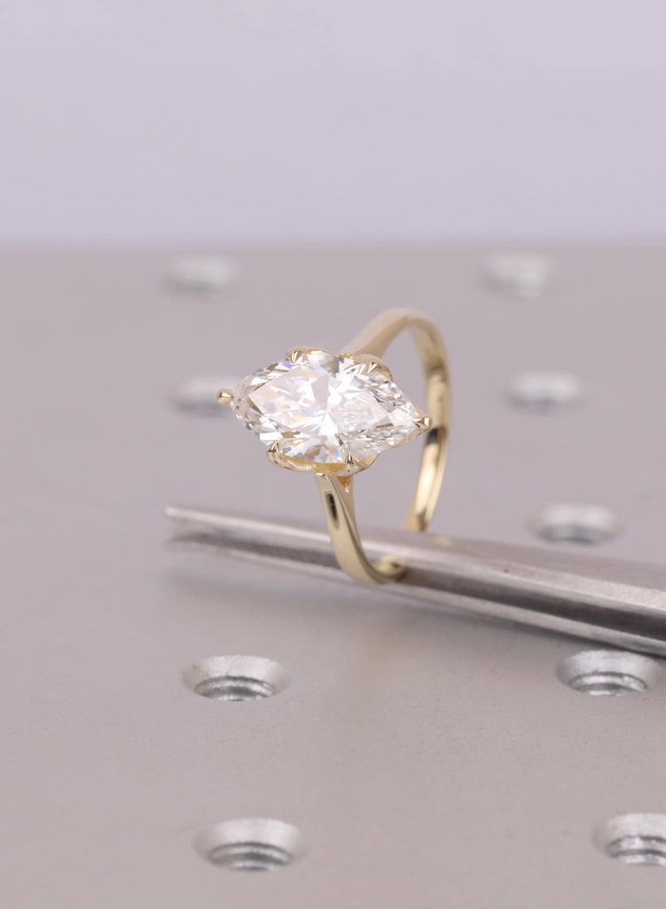 Marquise Diamond Ring, Hidden Halo Engagement Ring, 14K Yellow Gold Solitaire, Vintage Style Lab Diamond Ring, Unique Bridal Jewelry image #11