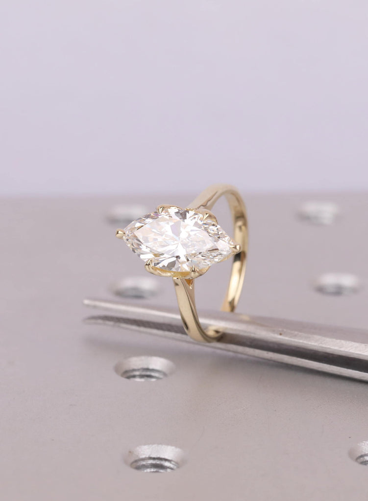 Marquise Diamond Ring, Hidden Halo Engagement Ring, 14K Yellow Gold Solitaire, Vintage Style Lab Diamond Ring, Unique Bridal Jewelry image #13