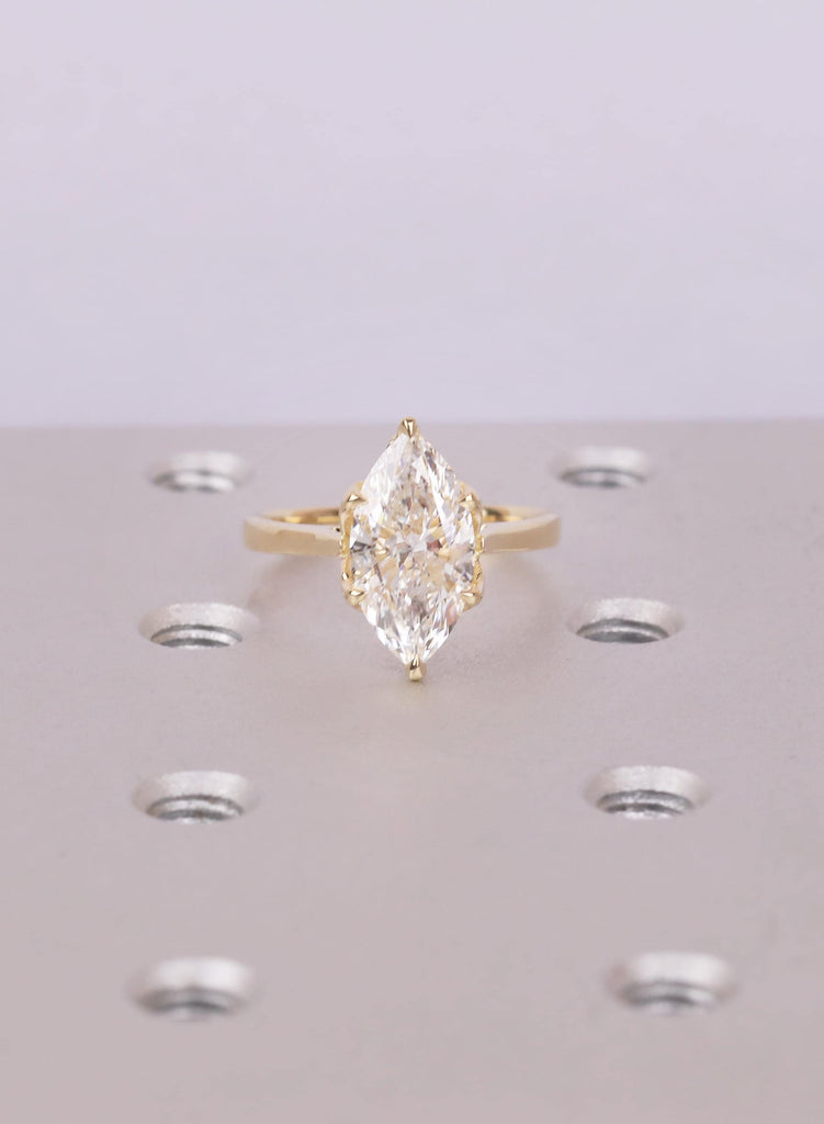 Marquise Moissanite Ring, Hidden Halo Engagement Ring, 14K Gold Leaf Design Solitaire, Vintage Inspired Ring