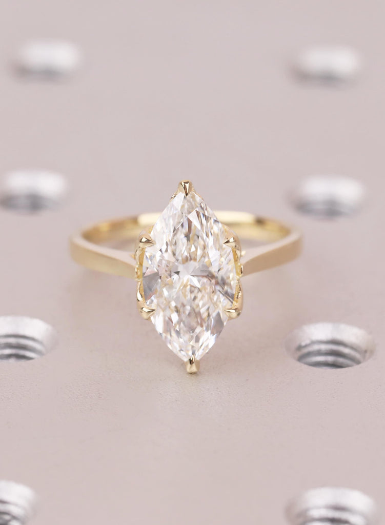 Hidden Halo Marquise Ring, Leaf Prong Diamond Engagement Ring, Vintage Style 14k Yellow Gold Solitaire, Unique Cathedral Setting image #5