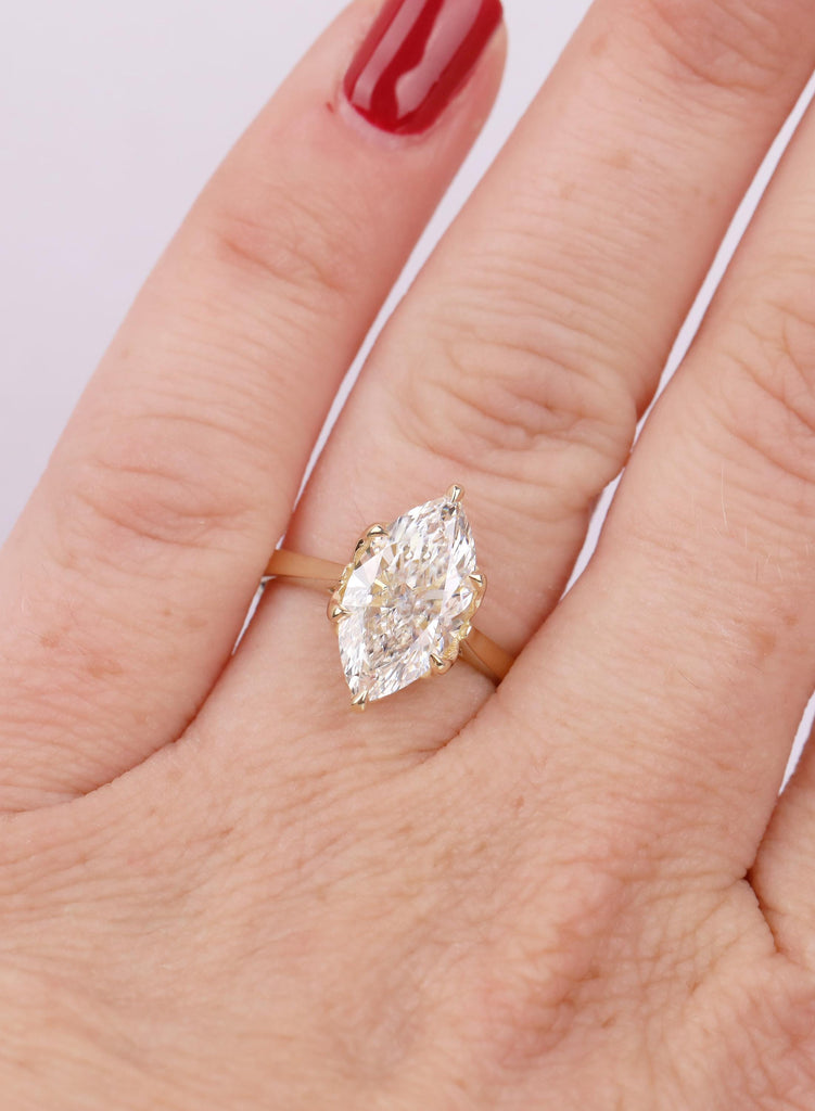 Hidden Halo Marquise Ring, Leaf Prong Diamond Engagement Ring, Vintage Style 14k Yellow Gold Solitaire, Unique Cathedral Setting image #3