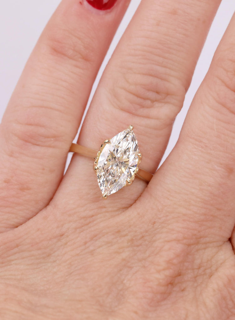 Hidden Halo Marquise Ring, Leaf Prong Diamond Engagement Ring, Vintage Style 14k Yellow Gold Solitaire, Unique Cathedral Setting image #2