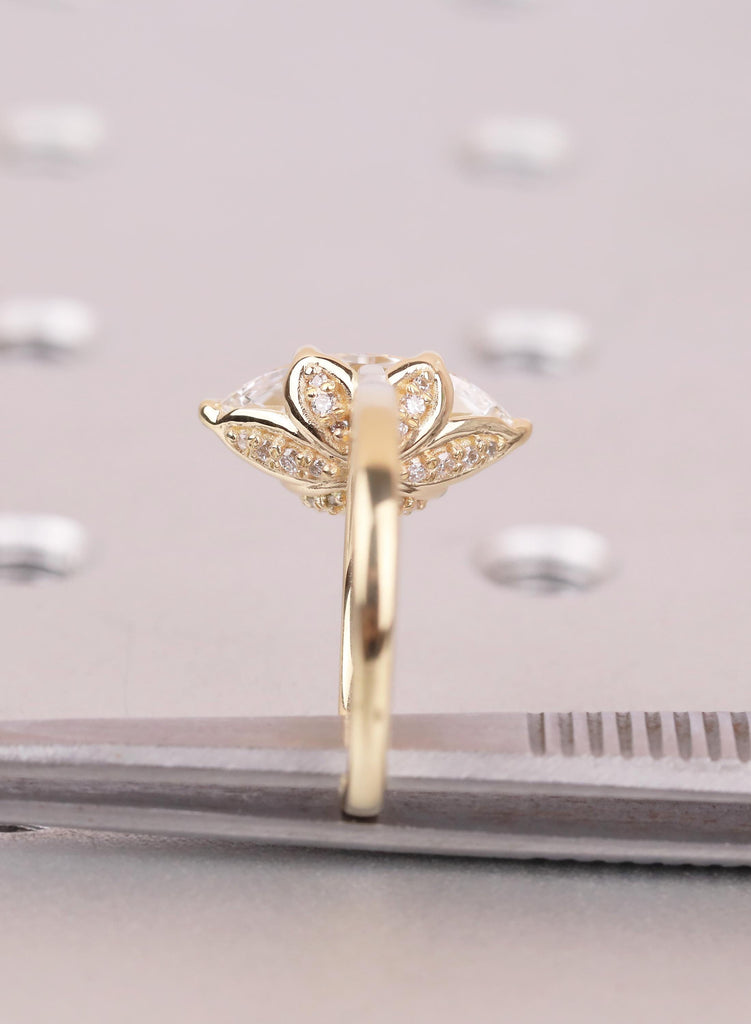 Hidden Halo Marquise Ring, Leaf Prong Diamond Engagement Ring, Vintage Style 14k Yellow Gold Solitaire, Unique Cathedral Setting image #14