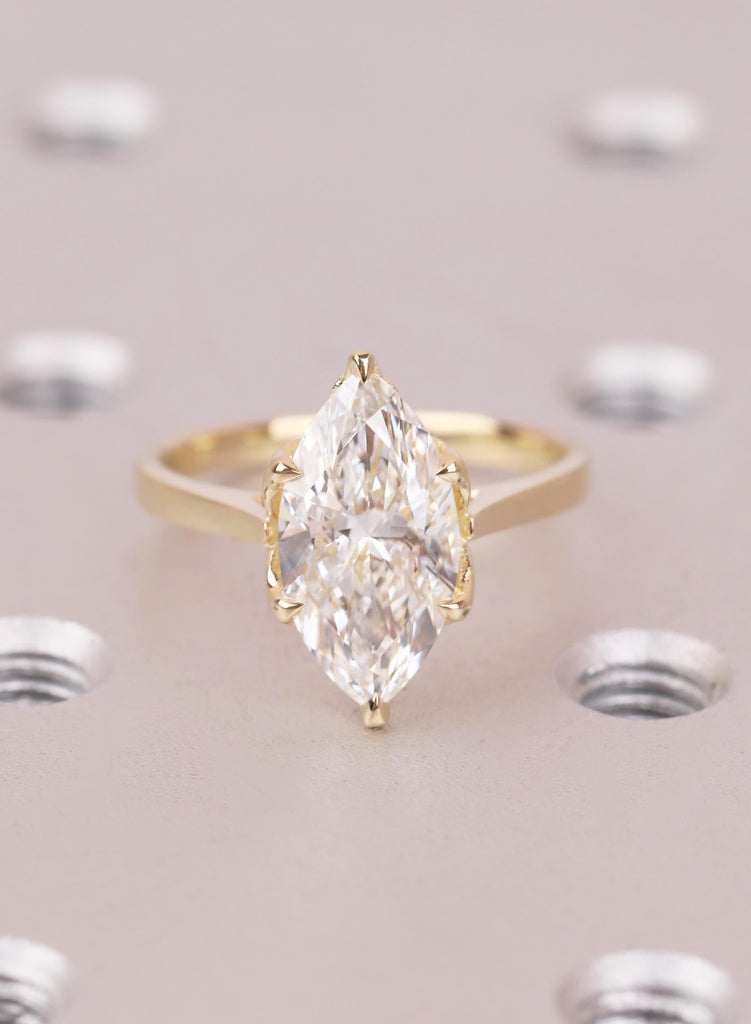 Marquise Diamond Ring, Hidden Halo Engagement Ring, 14K Yellow Gold Solitaire, Vintage Style Lab Diamond Ring, Unique Bridal Jewelry