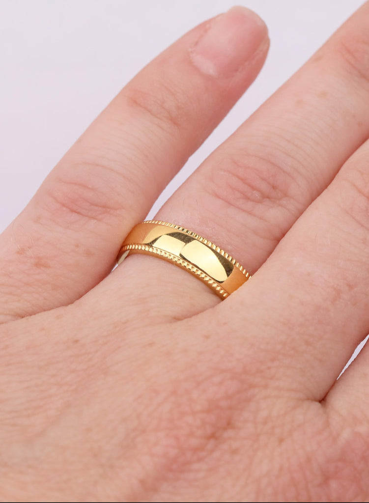 5mm Domed Comfort Fit 14k Yellow Gold Titanium Ring — Mens Milgrain, Shiny Polished Yellow Gold Titanium Band Wedding Band Ring image #2