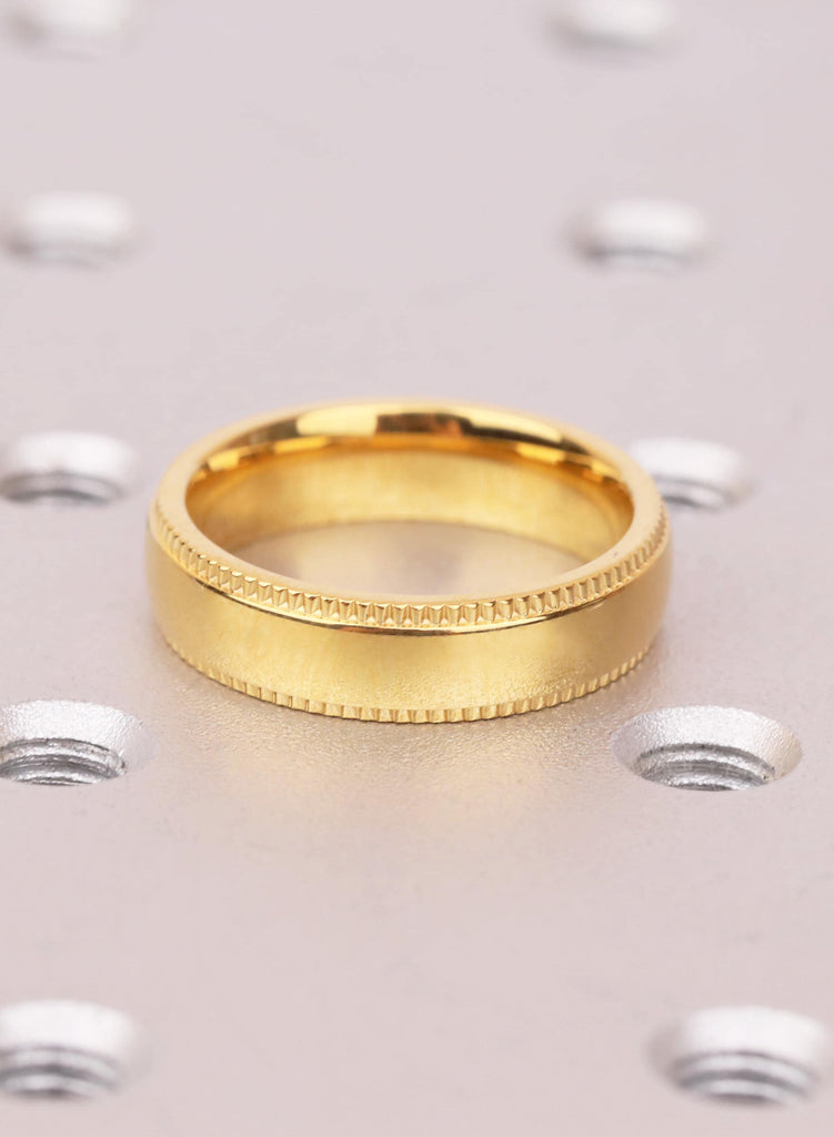5mm Domed Comfort Fit 14k Yellow Gold Titanium Ring — Mens Milgrain, Shiny Polished Yellow Gold Titanium Band Wedding Band Ring image #5