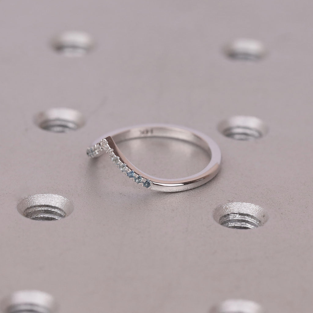 Diamonds, Sapphire, Aquamarine Chevron Matching Wedding Band | Half Eternity Gold Bridal Ring | Unique Ocean Dainty Ring Gift for Her image #4