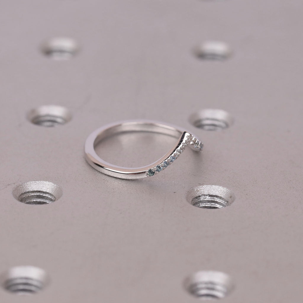 Diamonds, Sapphire, Aquamarine Chevron Matching Wedding Band | Half Eternity Gold Bridal Ring | Unique Ocean Dainty Ring Gift for Her image #7