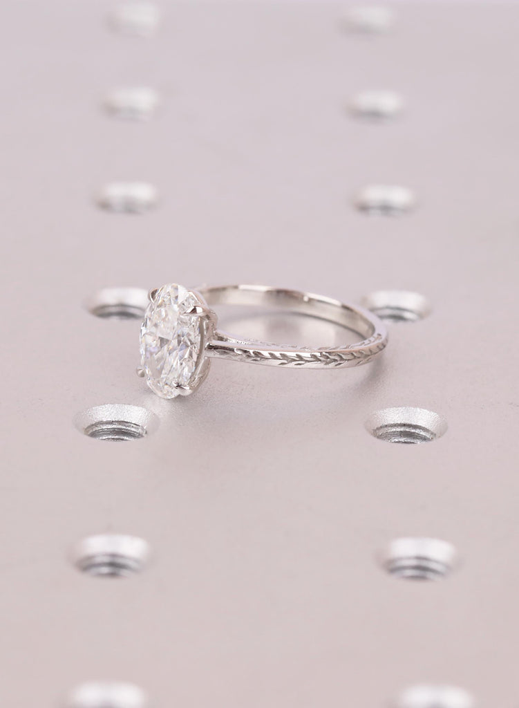 Oval Solitaire Engagement Ring, Nature Inspired Leaf Band, Vintage Style Diamond Ring, Art Deco Engraved Band, 4 Prong Oval Ring image #7