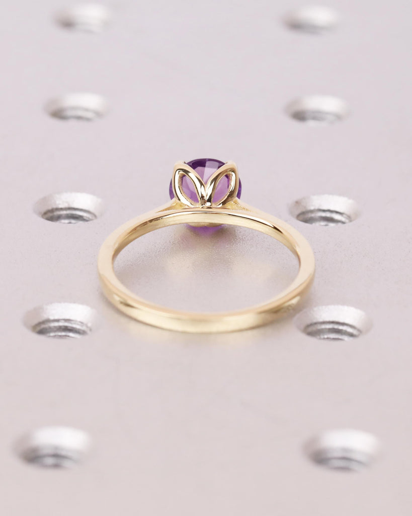 Natural Amethyst Tulip Ring, 14K Gold Solitaire Engagement Ring, 5mm/6.5mm/8mm Round Amethyst, Cathedral Setting, Floral Lotus Petal Prongs image #4