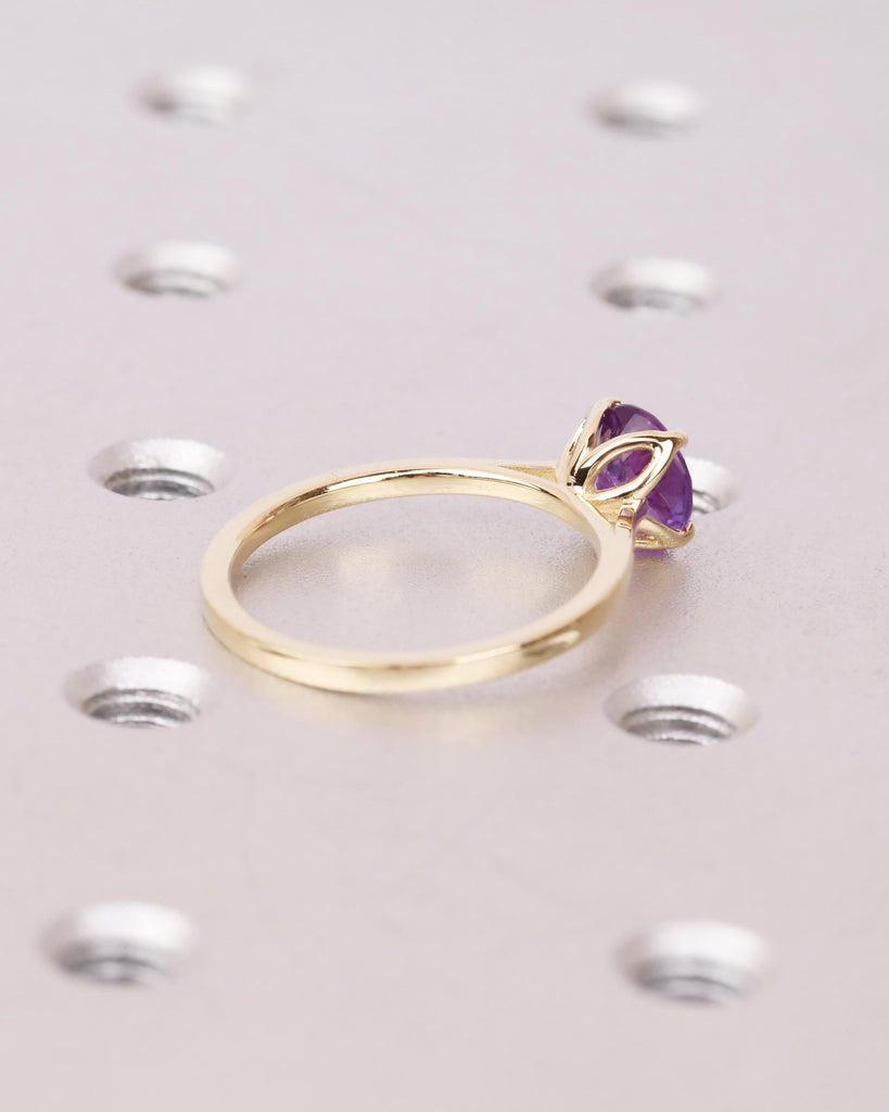 Natural Amethyst Tulip Ring, 14K Gold Solitaire Engagement Ring, 5mm/6.5mm/8mm Round Amethyst, Cathedral Setting, Floral Lotus Petal Prongs image #5