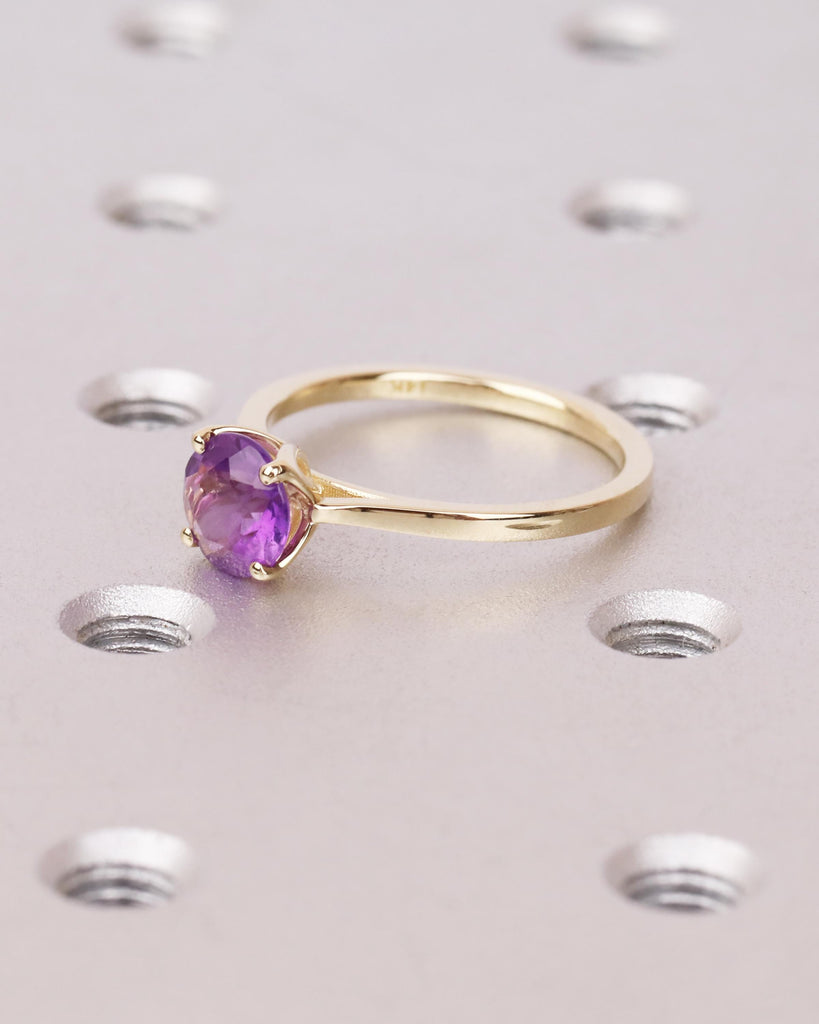 Natural Amethyst Tulip Ring, 14K Gold Solitaire Engagement Ring, 5mm/6.5mm/8mm Round Amethyst, Cathedral Setting, Floral Lotus Petal Prongs image #7