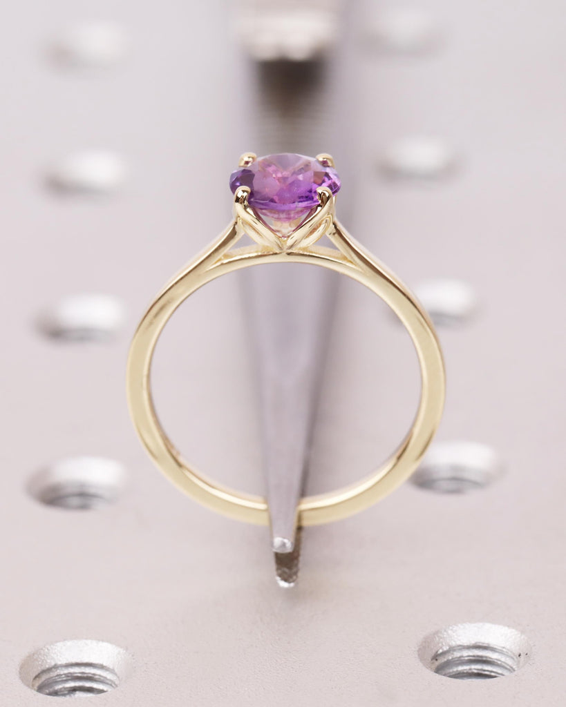 Natural Amethyst Tulip Ring, 14K Gold Solitaire Engagement Ring, 5mm/6.5mm/8mm Round Amethyst, Cathedral Setting, Floral Lotus Petal Prongs image #3