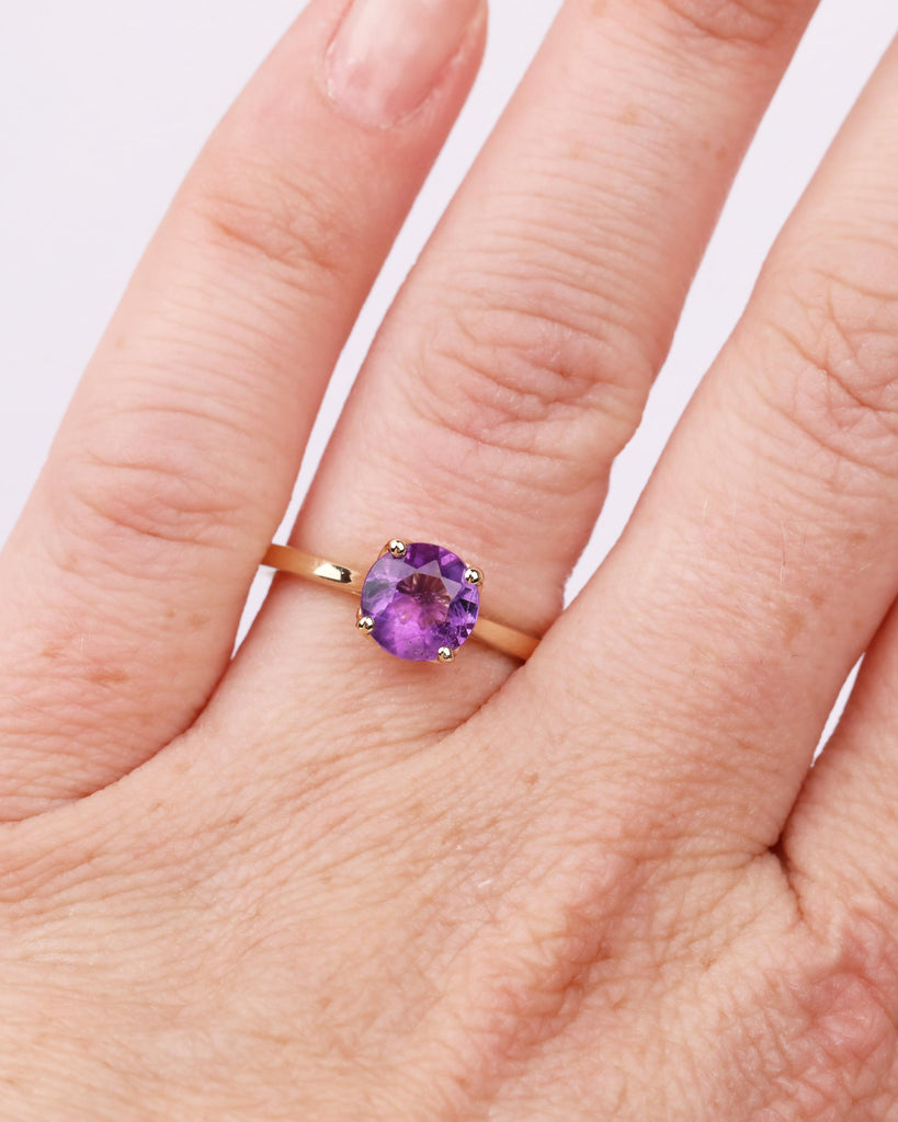 Natural Amethyst Tulip Ring, 14K Gold Solitaire Engagement Ring, 5mm/6.5mm/8mm Round Amethyst, Cathedral Setting, Floral Lotus Petal Prongs image #2