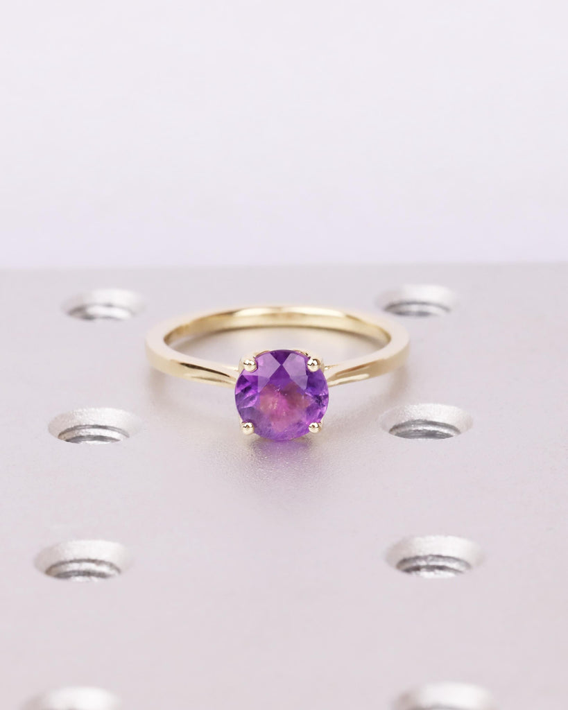 Natural Amethyst Tulip Ring, 14K Gold Solitaire Engagement Ring, 5mm/6.5mm/8mm Round Amethyst, Cathedral Setting, Floral Lotus Petal Prongs image #1