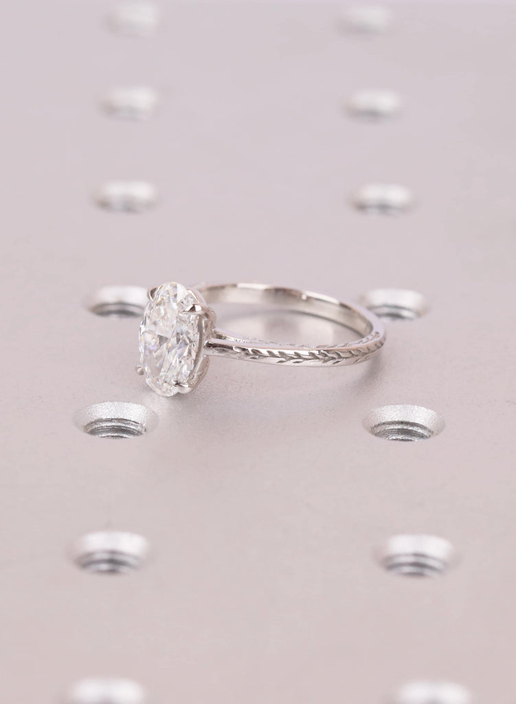 Nature Inspired Leaf Engraved Ring, Oval Solitaire Lab Diamond Engagement Ring, Art Deco Olive Leaf Ring Gift For Her, Platinum or Gold Band image #7