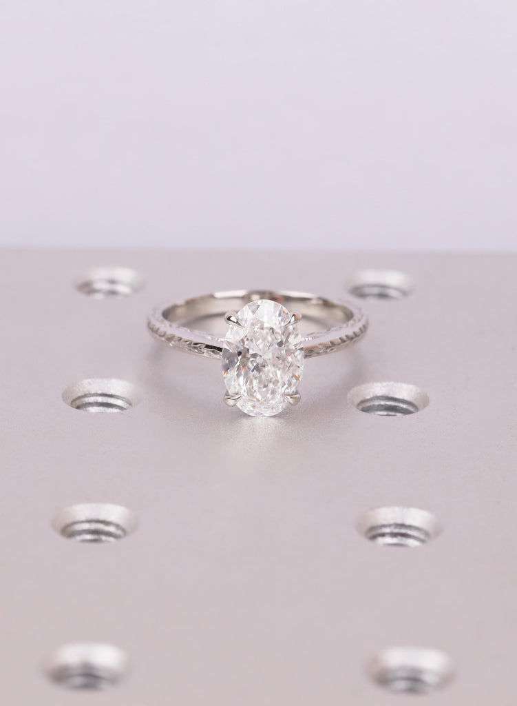 Nature Inspired Leaf Engraved Ring, Oval Solitaire Lab Diamond Engagement Ring, Art Deco Olive Leaf Ring Gift For Her, Platinum or Gold Band