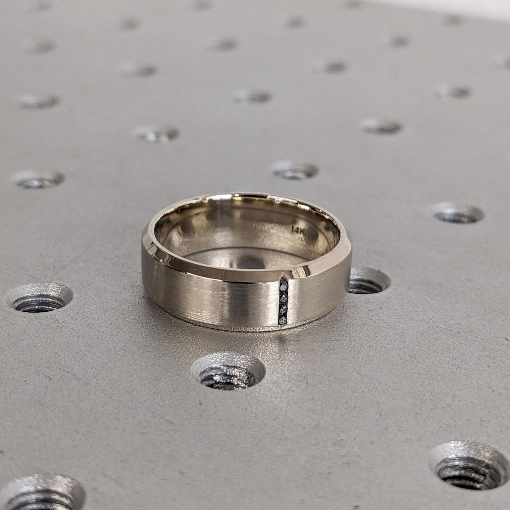 7mm Mens Wedding Band | Black Diamond Solid Gold Ring Gift for Boyfriend | Brushed Finish Bevel Edge Manly Bands image #4