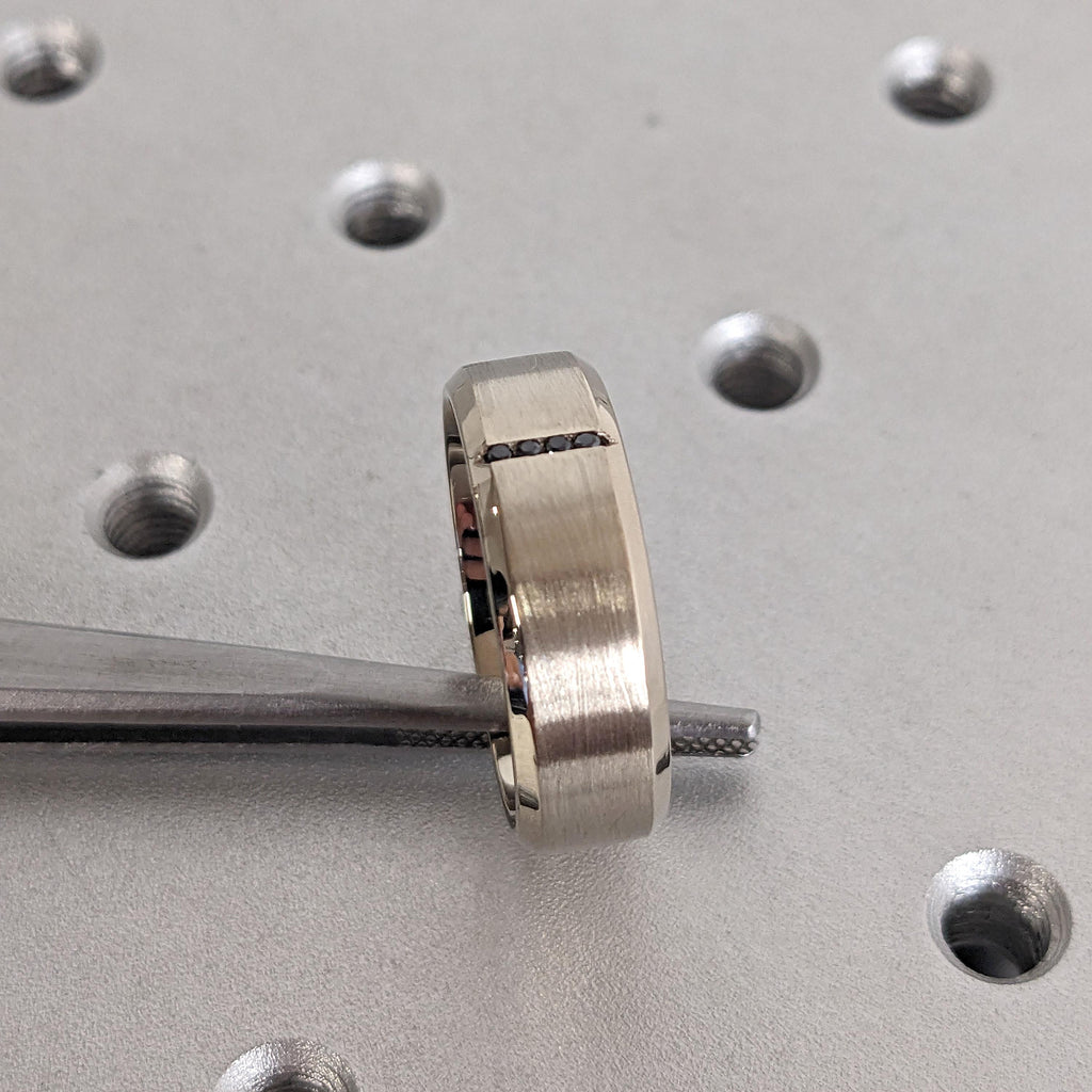 7mm Mens Wedding Band | Black Diamond Solid Gold Ring Gift for Boyfriend | Brushed Finish Bevel Edge Manly Bands image #7