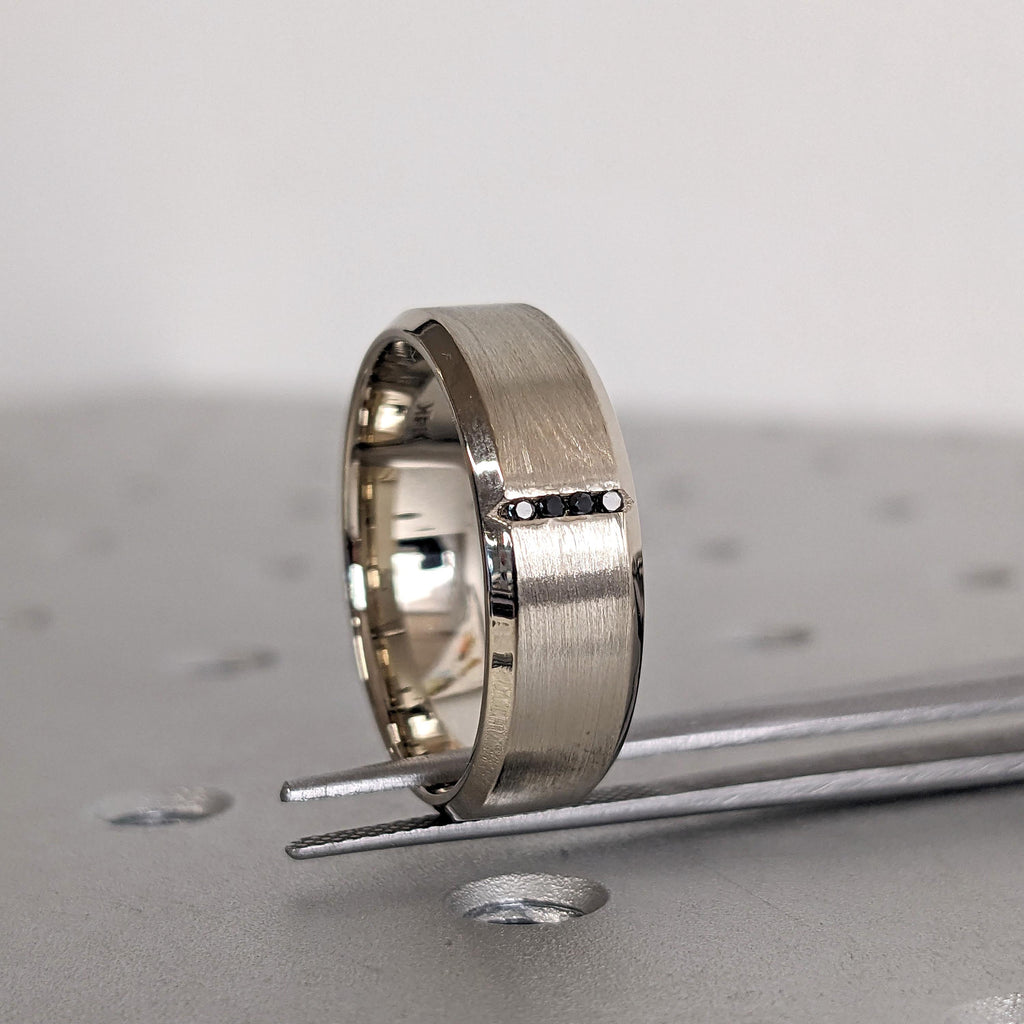 7mm Mens Wedding Band | Black Diamond Solid Gold Ring Gift for Boyfriend | Brushed Finish Bevel Edge Manly Bands