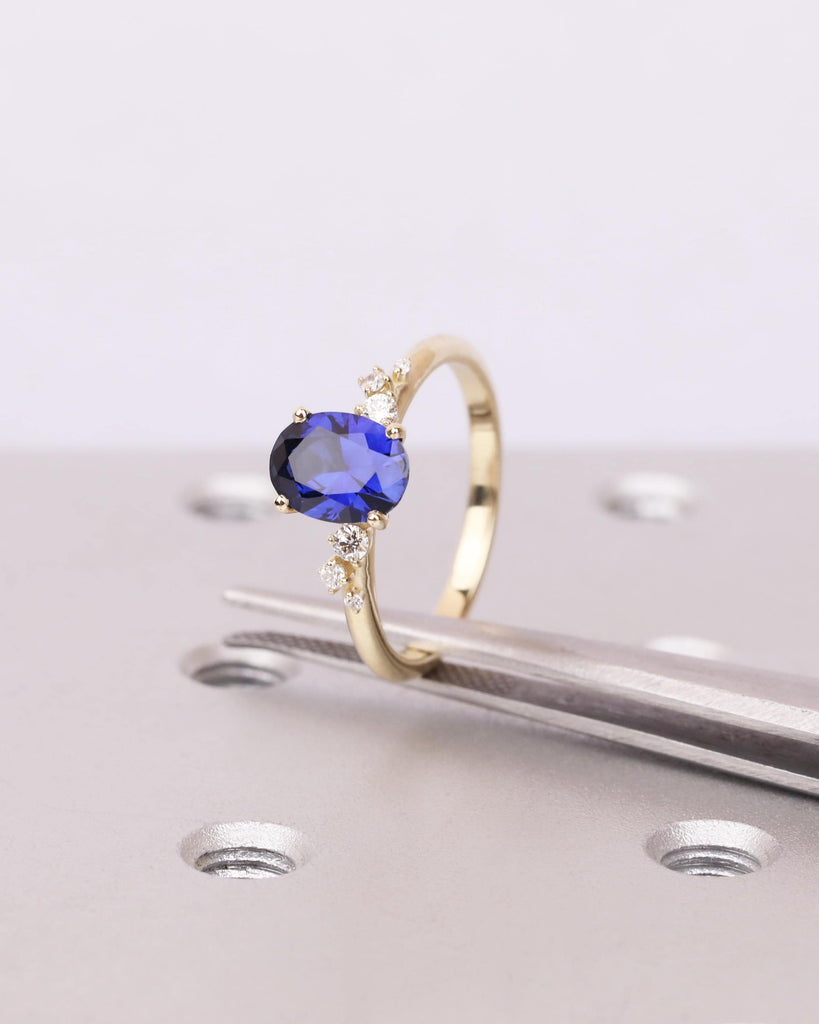 14K Solid Gold Blue Sapphire Engagement Ring: Oval Lab Sapphire, Snowdrift Cluster Diamonds, September Birthstone, Birthday Gift for Her