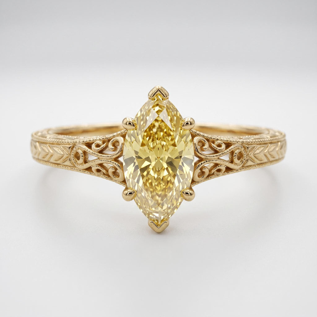Fancy Yellow Lab Grown Diamond Engagement Ring | Marquise Cut Victorian Filigree Band | 14k Yellow Gold Wedding Rings for Women