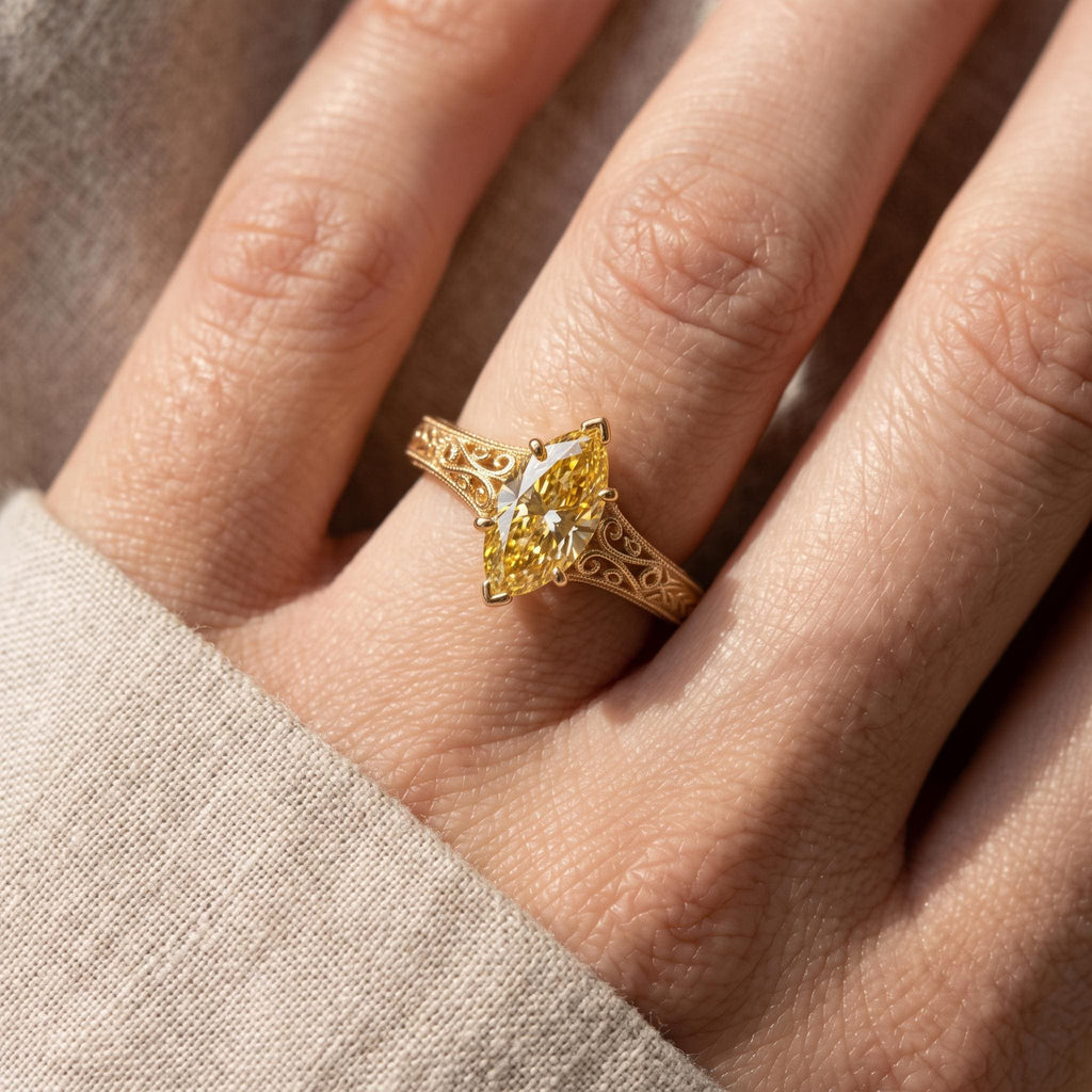 Marquise cut Canary Yellow Diamond Rings for Women | Solid Gold Heirloom Ring Bridal Jewelry Gift