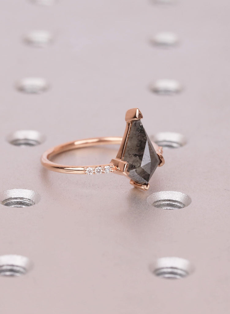Salt and Pepper Diamond Ring, Kite Cut Engagement Ring, 14K Rose Gold, Unique Diamond Ring, Natural Diamond Moissanite Side Stones