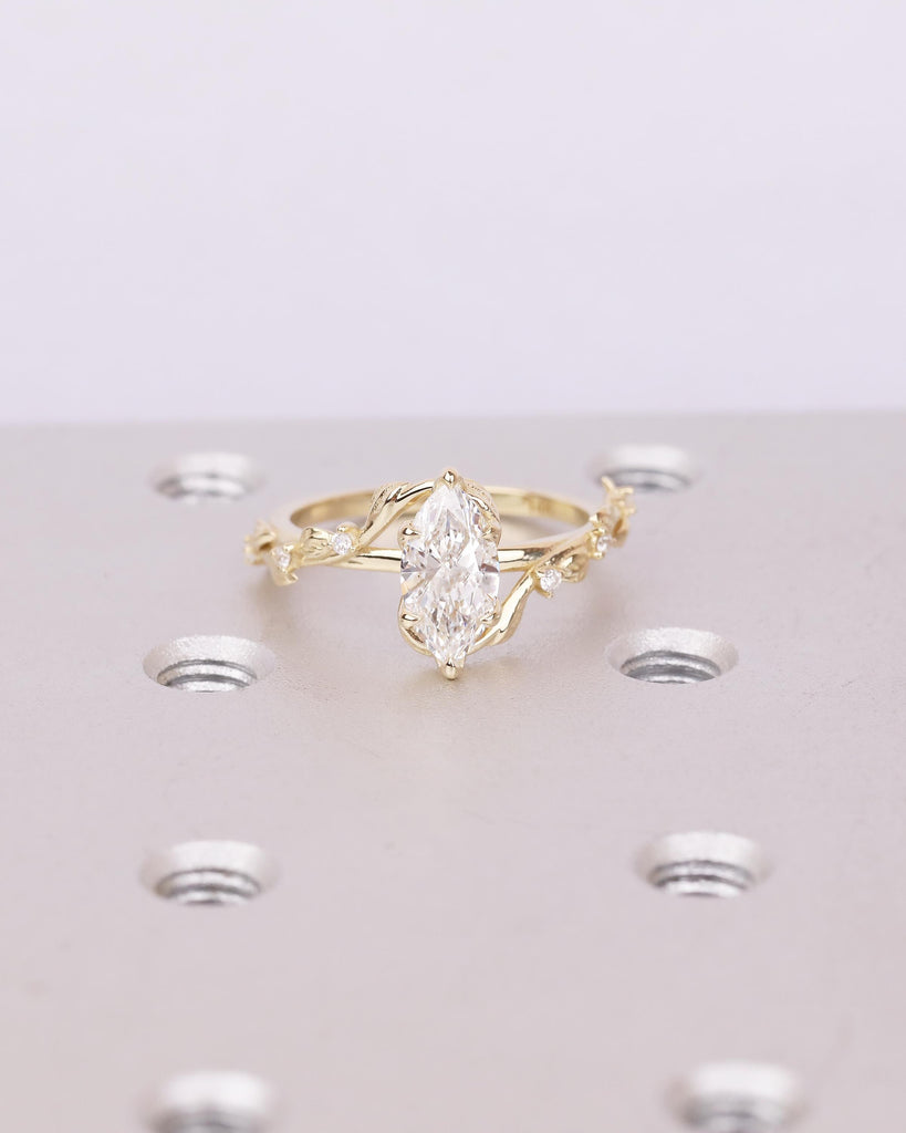 14k Solid Gold Nature Inspired Engagement Ring, Bypass Lab Diamond Marquise Ring image #12