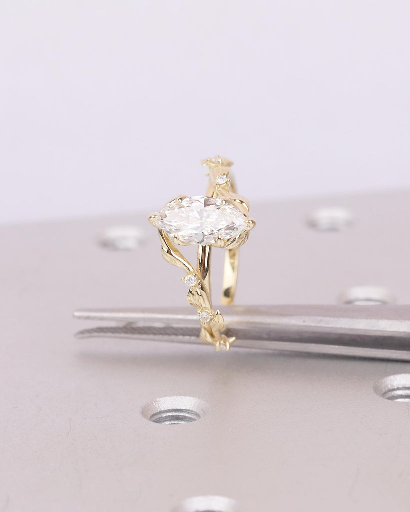Twig Engagement Ring, 1ct Lab Created Diamond Marquise Ring, Art Deco 14k Yellow Gold Nature Inspired Bridal Jewelry, Women Wedding Rings image #10