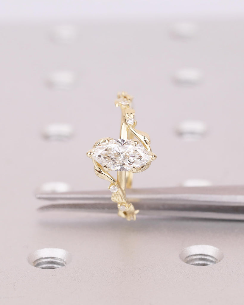 Twig Engagement Ring, 1ct Lab Created Diamond Marquise Ring, Art Deco 14k Yellow Gold Nature Inspired Bridal Jewelry, Women Wedding Rings image #3