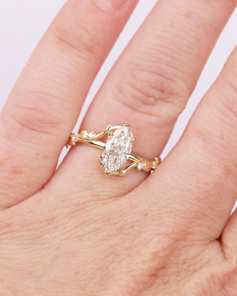 Twig Engagement Ring, 1ct Lab Created Diamond Marquise Ring, Art Deco 14k Yellow Gold Nature Inspired Bridal Jewelry, Women Wedding Rings image #4