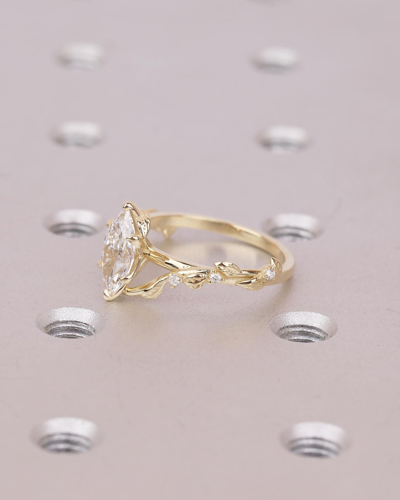 Twig Engagement Ring, 1ct Lab Created Diamond Marquise Ring, Art Deco 14k Yellow Gold Nature Inspired Bridal Jewelry, Women Wedding Rings image #2