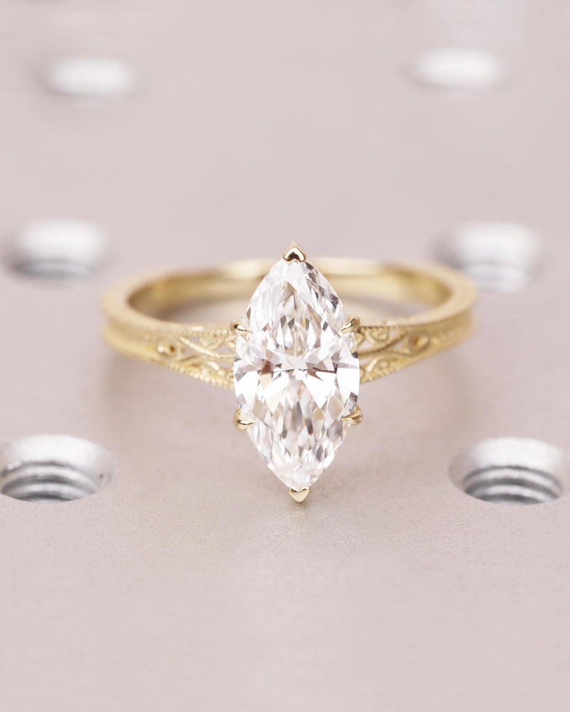 Solid 14k Gold Vintage Filigree Ring, Marquise Lab Diamond Engagement Ring, IGI Certified 0.5ct-2ct Marquise Solitaire, Heirloom Jewelry image #3