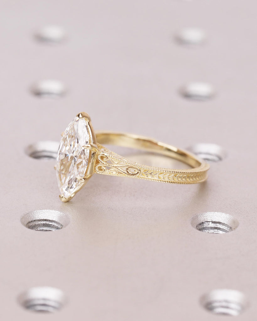 Solid 14k Gold Vintage Filigree Ring, Marquise Lab Diamond Engagement Ring, IGI Certified 0.5ct-2ct Marquise Solitaire, Heirloom Jewelry image #4