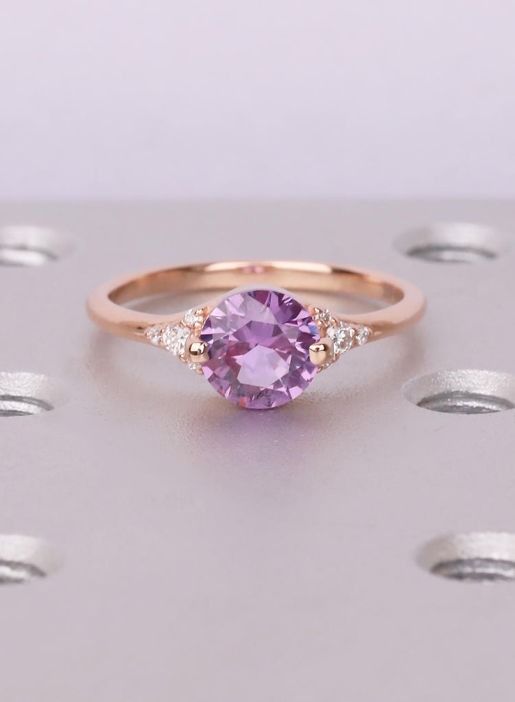 Alexandrite Engagement Ring, Round Cut Color Change Stone, Rose Gold Diamond Ring, Blue Purple Gemstone, 14K Gold Promise Ring